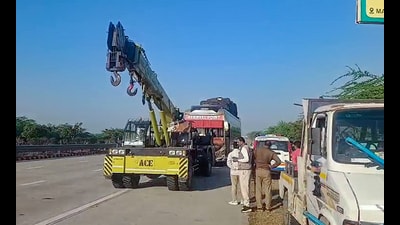 A damaged double-decker bus after it rammed into a van early morning, in Hathras on Tuesday. (ANI Video Grab) A damaged double-decker bus after it rammed into a van early morning, in Hathras on Tuesday. (ANI Video Grab)