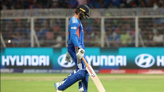 Abhishek Sharma walks back after his dismissal against West Indies during the ongoing ICC T20 World Cup. (REUTERS)