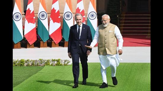 Modi’s and Carney’s remarks made it clear that both countries are determined to put the diplomatic rows of the past behind them as they focus on concluding a free trade agreement by the end of this year. (Arvind Yadav/HT Photo)