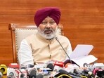 Punjab finance minister Harpal Singh Cheema speaks at a press conference in Chandigarh on March 3, 2026, sharing revenue and debt related figures for the state.
