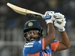 India's Sanju Samson plays a shot during the 2026 ICC Men's T20 Cricket World Cup Super Eights match between India and West Indies at the Eden Gardens in Kolkata on March 1, 2026. (Photo by Dibyangshu SARKAR / AFP) (AFP)