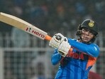 India's Abhishek Sharma plays a shot during a T20 World Cup match.