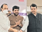 Pune, India - Jan. 1, 2021: From left - Maharashtra Deputy chief minister Ajit Pawar, Pune Mayor Muralidhar Mohol, Maharashtra opposition party leader Devendra Fadanvis and Chandrakant Patil at the inauguration of Bhama - Askhed water project in Pune, India, on Friday, January 1, 2021. (Photo by Ravindra Joshi/HT PHOTO)