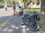 The victim’s motorcycle found in Sector 12, Panchkula, on Tuesday. (Sant Arora/HT)