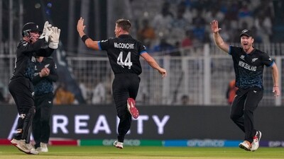 The start was immediate and impactful for New Zealand. Turning to spin early to target Quinton de Kock's weakness, Cole McConchie struck to remove the southpaw – and followed it up with the wicket of Ryan Rickelton on the very next ball. Two overs in, and New Zealand had the early advantage. (PTI) The start was immediate and impactful for New Zealand. Turning to spin early to target Quinton de Kock's weakness, Cole McConchie struck to remove the southpaw – and followed it up with the wicket of Ryan Rickelton on the very next ball. Two overs in, and New Zealand had the early advantage. (PTI)