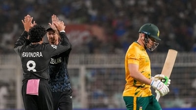 Rachin Ravindra has suddenly turned into a gun bowler for New Zealand. He continued his form with two more wickets on the night – and two important ones too, removing first Aiden Markram, then adding David Miller to his list despite the matchup. His spin coming along very nicely. (PTI) Rachin Ravindra has suddenly turned into a gun bowler for New Zealand. He continued his form with two more wickets on the night – and two important ones too, removing first Aiden Markram, then adding David Miller to his list despite the matchup. His spin coming along very nicely. (PTI)