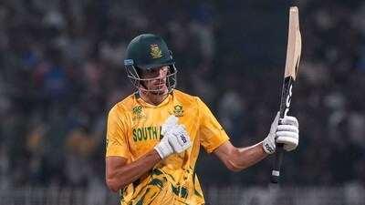 Jansen in particular found his range to reach a half-century, scoring 55*(30) in an innings with five sixes. However, he was starved of strike and couldn't put away too many late on – he would have hoped to help South Africa reach 180+, but the Proteas had to settle for 169/8. (PTI) Jansen in particular found his range to reach a half-century, scoring 55*(30) in an innings with five sixes. However, he was starved of strike and couldn't put away too many late on – he would have hoped to help South Africa reach 180+, but the Proteas had to settle for 169/8. (PTI)
