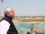 Patna, Bihar, India -Feb .28, 2026: Bihar Chief Minister Nitish Kumar inspecting construction works of Bans Ghat area in Patna, Bihar, India, Saturday,28, 2026.(Photo by Santosh Kumar/ Hindustan Times) 