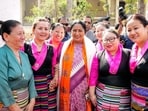 Chief minister Rekha Gupta during the foundation stone–laying ceremony for a foot overbridge near Ladakh Buddha Vihar at Monastery Market. (PTI)