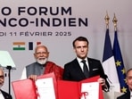 Modi France visit Live: PM Narendra Modi and French President Emmanuel Macron pose during the closing session of the Franco-Indian Economic Forum