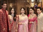 Arjun Tendulkar and Saaniya Chandhok wedding highlights: (R-L) Cricketer Sachin Tendulkar, with wife Anjali Tendulkar, daughter Sara Tendulkar, during his son Arjun Tendulkar's and industrialist Ravi Ghai's granddaughter Saaniya Chandhok's wedding ceremony.