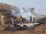 Pune ....... Ajit Pawar, NCP chief and Maharashtra's Deputy Chief Minister, died in a tragic plane crash this morning while he was flying from Mumbai to Baramati. Four others, including pilots and Pawar's security personnel, have also died in the crash. The small aircraft, which took off from Mumbai around 8.10 am, crashed near Baramati airport during a landing attempt half an hour later In Pune/ India. HT Photo