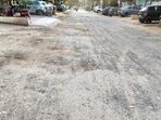 The damaged stretch of the internal roads as seen on March 2. (Parveen Kumar/Ht)
