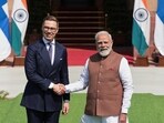 Prime Minister Narendra Modi shakes hands with Finnish President Alexander Stubb before their meeting at the Hyderabad House in New Delhi