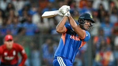 Shivam Dube was promoted to number four to target Adil Rashid, and it was a decision which paid off. Told to hamer the leg-spinner, he just did that, whacking four sixes enroute to 43(25) to keep the momentum going through the middle overs. (AFP) Shivam Dube was promoted to number four to target Adil Rashid, and it was a decision which paid off. Told to hamer the leg-spinner, he just did that, whacking four sixes enroute to 43(25) to keep the momentum going through the middle overs. (AFP)