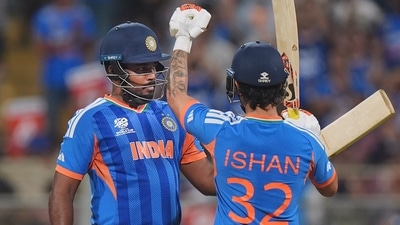 Samson and Ishan Kishan stitched together a 97-run partnership in just 45 deliveries, with Kishan scoring a rapid 39 – an innings that gave India all the momentum alongside Samson's hitting. (PTI) Samson and Ishan Kishan stitched together a 97-run partnership in just 45 deliveries, with Kishan scoring a rapid 39 – an innings that gave India all the momentum alongside Samson's hitting. (PTI)