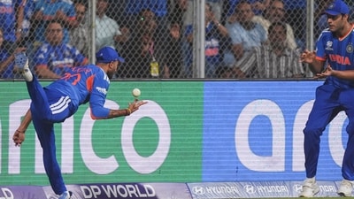 Axar Patel's on-field magic wasn't done quite yet, as another special moment broke the burgeoning partnership of Will Jacks and Jacob Bethell. His incredible running replay catch with Shivam Dube helped India regain traction during the chase. (PTI) Axar Patel's on-field magic wasn't done quite yet, as another special moment broke the burgeoning partnership of Will Jacks and Jacob Bethell. His incredible running replay catch with Shivam Dube helped India regain traction during the chase. (PTI)