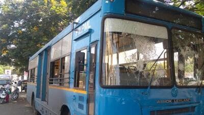 Pune, India - April 27, 2018:A youth crossing the road at Kasarwadi was hit by a PMPML bus, youth died in this accident, after that the angry mob attacked on the bus in Pune, India, on Friday, April 27, 2018. (HT PHOTO) Pune, India - April 27, 2018:A youth crossing the road at Kasarwadi was hit by a PMPML bus, youth died in this accident, after that the angry mob attacked on the bus in Pune, India, on Friday, April 27, 2018. (HT PHOTO)