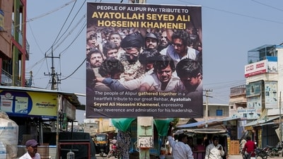 A banner put up to mourn the killing of Iran's Supreme leader Ayatollah Ali Khamenei in joint air strikes by the US and Israel, at Alipur, in Chikkaballapur district of Karnataka, (PTI) A banner put up to mourn the killing of Iran's Supreme leader Ayatollah Ali Khamenei in joint air strikes by the US and Israel, at Alipur, in Chikkaballapur district of Karnataka, (PTI)