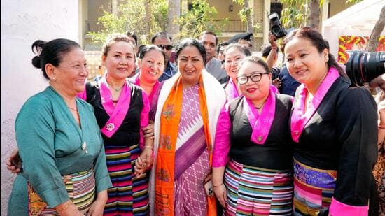 Chief minister Rekha Gupta during the foundation stone–laying ceremony for a foot overbridge near Ladakh Buddha Vihar at Monastery Market. (PTI)