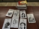 New Delhi, India - Dec. 19, 2018: Collection of books written by tea seller cum novelist Laxman Rao seen at Hindi bhawan in New Delhi in New Delhi, India, on Wednesday, December 19, 2018. Rao, a tea-seller who made his name as a novelist, is holding a writing and publishing workshops—a part of his new life as a writing coach. The hall at Hindi Bhawan in central Delhi, the venue of the workshop, has a projector screen; his books are exhibited on a table.(Photo by Biplov Bhuyan/ Hindustan Times)**To go with Manoj Sharma's story (Biplov Bhuyan/HT PHOTO)