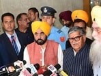 Punjab governor Gulab Chand Kataria, chief minister Bhagwant Mann and Vidhan Sabha Speaker Kultar Singh Sandhwan interacting with media after the governor’s address on the first day of the budget session in Chandigarh on Friday. (Ravi Kumar/HT) Punjab governor Gulab Chand Kataria, chief minister Bhagwant Mann and Vidhan Sabha Speaker Kultar Singh Sandhwan interacting with media after the governor’s address on the first day of the budget session in Chandigarh on Friday. (Ravi Kumar/HT)