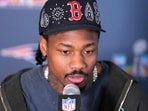 Stefon Diggs #8 of the New England Patriots addresses the media prior to Super Bowl LX Stefon Diggs #8 of the New England Patriots addresses the media prior to Super Bowl LX