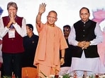 Uttar Pradesh CM Yogi Adityanath at the inauguration of a hospital in Greater Noida on Thursday in the presence of former Indian cricket captain Kapil Dev and others. (Sunil Ghosh/HT)