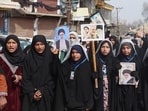Women protesting against the killing of Iran’s supreme leader Ayatollah Ali Khamenei, in Budgam, northeast of Srinagar, on Friday. (Waseem Andrabi/HT)