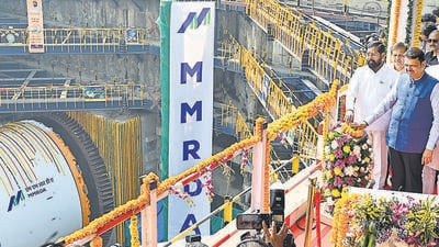 Mumbai, India. Dec 03, 2025 - The first Tunnel Boring Machine (TBM) for the Orange Gate to Marine Drive tunnel road project was launched in the presence of Chief Minister Devendra Fadnavis and Deputy Chief Minister Eknath Shinde at the front area, Princes Dock in Mumbai, India. Dec 03, 2025. (Photo by Raju Shinde/HT Photo) (Raju Shinde) Mumbai, India. Dec 03, 2025 - The first Tunnel Boring Machine (TBM) for the Orange Gate to Marine Drive tunnel road project was launched in the presence of Chief Minister Devendra Fadnavis and Deputy Chief Minister Eknath Shinde at the front area, Princes Dock in Mumbai, India. Dec 03, 2025. (Photo by Raju Shinde/HT Photo) (Raju Shinde)