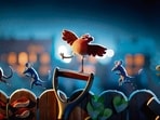 A still from Robin Robin (2021), in which a robin is raised by a family of mice.