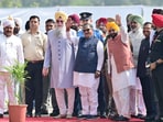 Governor Gulab Chand Kataria along with chief minister Bhagwant Mann and speaker Kultar Singh Sandhwan on the first day of the budget session in Chandigarh on Friday. (Ravi Kumar/HT) Governor Gulab Chand Kataria along with chief minister Bhagwant Mann and speaker Kultar Singh Sandhwan on the first day of the budget session in Chandigarh on Friday. (Ravi Kumar/HT)