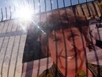 A banner with notes from hundreds of well-wishers and an image of Nancy Guthrie