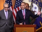 US House Minority Leader Hakeem Jeffries (D-NY) (R) and Senate Minority Leader Chuck Schumer (D-NY) hold a press conference on Department of Homeland Security (DHS) funding at the US Capitol. US House Minority Leader Hakeem Jeffries (D-NY) (R) and Senate Minority Leader Chuck Schumer (D-NY) hold a press conference on Department of Homeland Security (DHS) funding at the US Capitol.