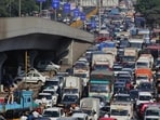 Thane, India - December. 16, 2016:Traffic jam on GB Road -Traffic at Ghodbunder Road was thrown out of gear as a heavy motor vehicle container coming from Gujarat turned at 4.30 am on Majiwada Flyover,container was coming from Gujarat and was heading towards JNPT.The incident resulted in heavy traffic jam and traffic towards Mumbai and Nashik moved at snailÕs pace. The bridge had to be closed down to clear the container , India,Friday December. 16, 2016.(Photo by Praful Gangurde/Hindustan Times) (Praful Gangurde) Thane, India - December. 16, 2016:Traffic jam on GB Road -Traffic at Ghodbunder Road was thrown out of gear as a heavy motor vehicle container coming from Gujarat turned at 4.30 am on Majiwada Flyover,container was coming from Gujarat and was heading towards JNPT.The incident resulted in heavy traffic jam and traffic towards Mumbai and Nashik moved at snailÕs pace. The bridge had to be closed down to clear the container , India,Friday December. 16, 2016.(Photo by Praful Gangurde/Hindustan Times) (Praful Gangurde)