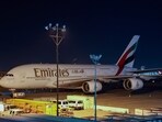 An Emirates airliner sits parked at Los Angeles International Airport (LAX) in Los Angeles, California on March 2.