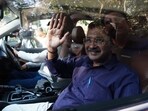 Former Delhi chief minister Arvind Kejriwal waves to the media after appearing before the Delhi Assembly’s Privileges Committee in the “Phansi Ghar” controversy in New Delhi on March 6, 2026.