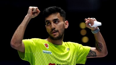 India's Lakshya Sen celebrates winning his All England Open semifinal match. (AP) India's Lakshya Sen celebrates winning his All England Open semifinal match. (AP)