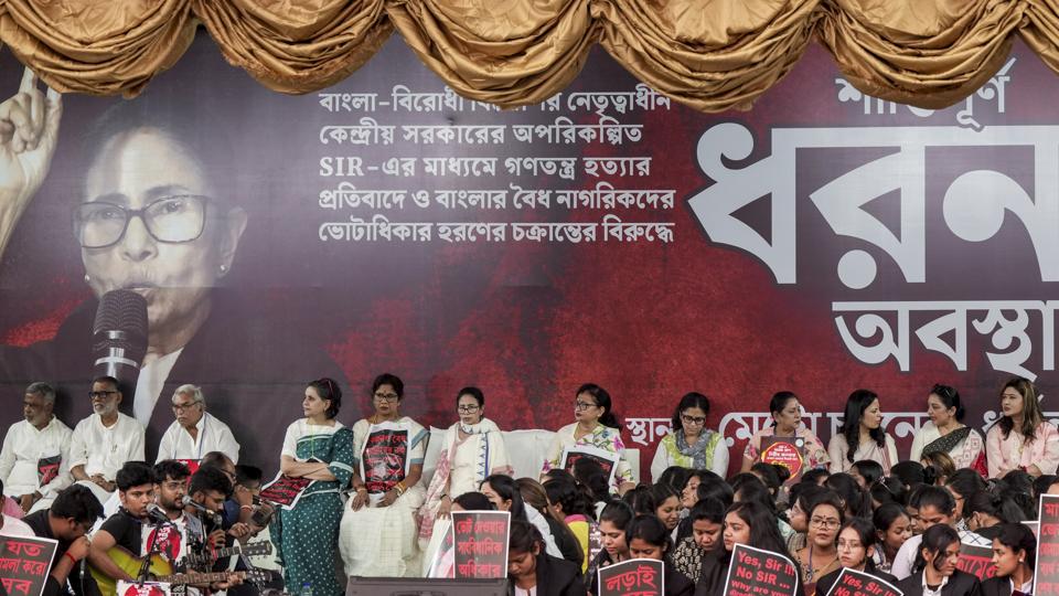 Banerjee launched a dharna outside Kolkata’s Esplanade metro station to protest the alleged arbitrary deletion of several million people during the ongoing Special Intensive Revision (SIR) of electoral rolls (PTI) Banerjee launched a dharna outside Kolkata’s Esplanade metro station to protest the alleged arbitrary deletion of several million people during the ongoing Special Intensive Revision (SIR) of electoral rolls (PTI)