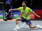 Lakshya Sen vs Lin Chun-yi Highlights, All England Open 2026: India's Lakshya Sen hits a return against Lin Chun-yi.(AFP)