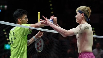 Lin Chun-yi shakes hands with Lakshya Sen after winning their men's singles final match. (Action Images via Reuters)