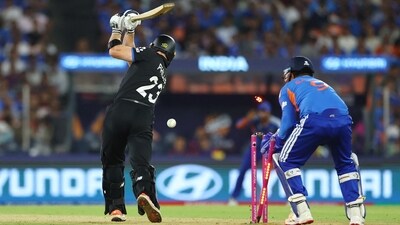 Glenn Phillips became Axar Patel's second victim, as India took complete control in the powerplay itself; the Kiwi batter had his stumps rattled, and NZ limped to 52/3 in the powerplay. Axar would pick up Daryl Mitchell later on too – three key wickets, finishing with 3/27 in his 3-over spell. (REUTERS)
