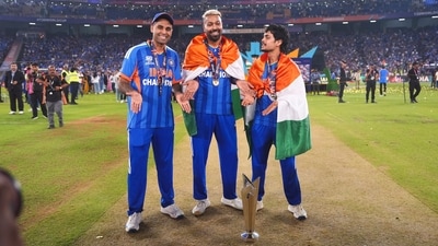Been there, done that. A pose that is now iconic for Hardik Pandya, having done the same in Barbados, then in Dubai, and now in his home state, on home turf in Ahmedabad. If the expectations never go away, neither does Pandya's ability to rise to meet them. (PTI) Been there, done that. A pose that is now iconic for Hardik Pandya, having done the same in Barbados, then in Dubai, and now in his home state, on home turf in Ahmedabad. If the expectations never go away, neither does Pandya's ability to rise to meet them. (PTI)