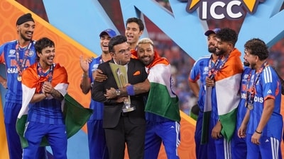 Everyone gets hugs – not least Jay Shah, who served as BCCI secretary and now represents the ICC. Hardik Pandya's home, and Jay Shah's too, as he presents the trophy to the absolutely ecstatic Indian team. (PTI) Everyone gets hugs – not least Jay Shah, who served as BCCI secretary and now represents the ICC. Hardik Pandya's home, and Jay Shah's too, as he presents the trophy to the absolutely ecstatic Indian team. (PTI)