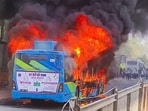 New Delhi, Mar 05 (ANI): Dark smoke and flames billow after DTC bus catches fire due to a short circuit, in New Delhi on Thursday. (ANI Video Grab) New Delhi, Mar 05 (ANI): Dark smoke and flames billow after DTC bus catches fire due to a short circuit, in New Delhi on Thursday. (ANI Video Grab)