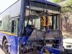 DTC bus involved in an accident, which resulted in the death of two people, is being towed away from the site of the incident in Nangloi, in New Delhi on Monday.