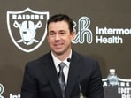 Las Vegas Raiders coach Klint Kubiak speaks at introductory press conference at Intermountain Health Performance Center