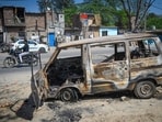 New Delhi, India - March 7, 2026: Remains of a burnt car seen as massive protests were done by members of the Bajrang Dal and Vishwa Hindu Parishad yesterday over the killing of a 26-year-old man in Delhi's Uttam Nagar area over Holi Water Balloon in New Delhi in New Delhi, India, on Saturday, March 7, 2026.  (Photo by Sanchit Khanna/ Hindustan Times)