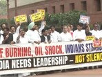 Congress-led INDIA bloc MPs protesting at the Makar Dwar entrance of Parliament on Monday, March 9.