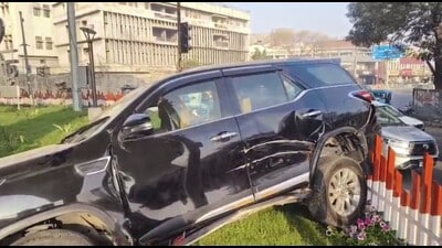 The vehicle after the crash at Bharat Nagar Chowk in Ludhiana on Monday. (HT Photo)